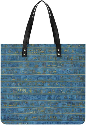 Gold Blue Egyptian Egypt Hieroglyphs Women Tote Bags Top Handle Satchel Handbags PU Faux Leather Tassel Shoulder Purse