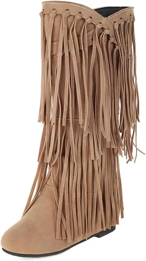 gongxifacai Womens Fringe Western Boots Fashion Hidden Heel Knee-high Boots