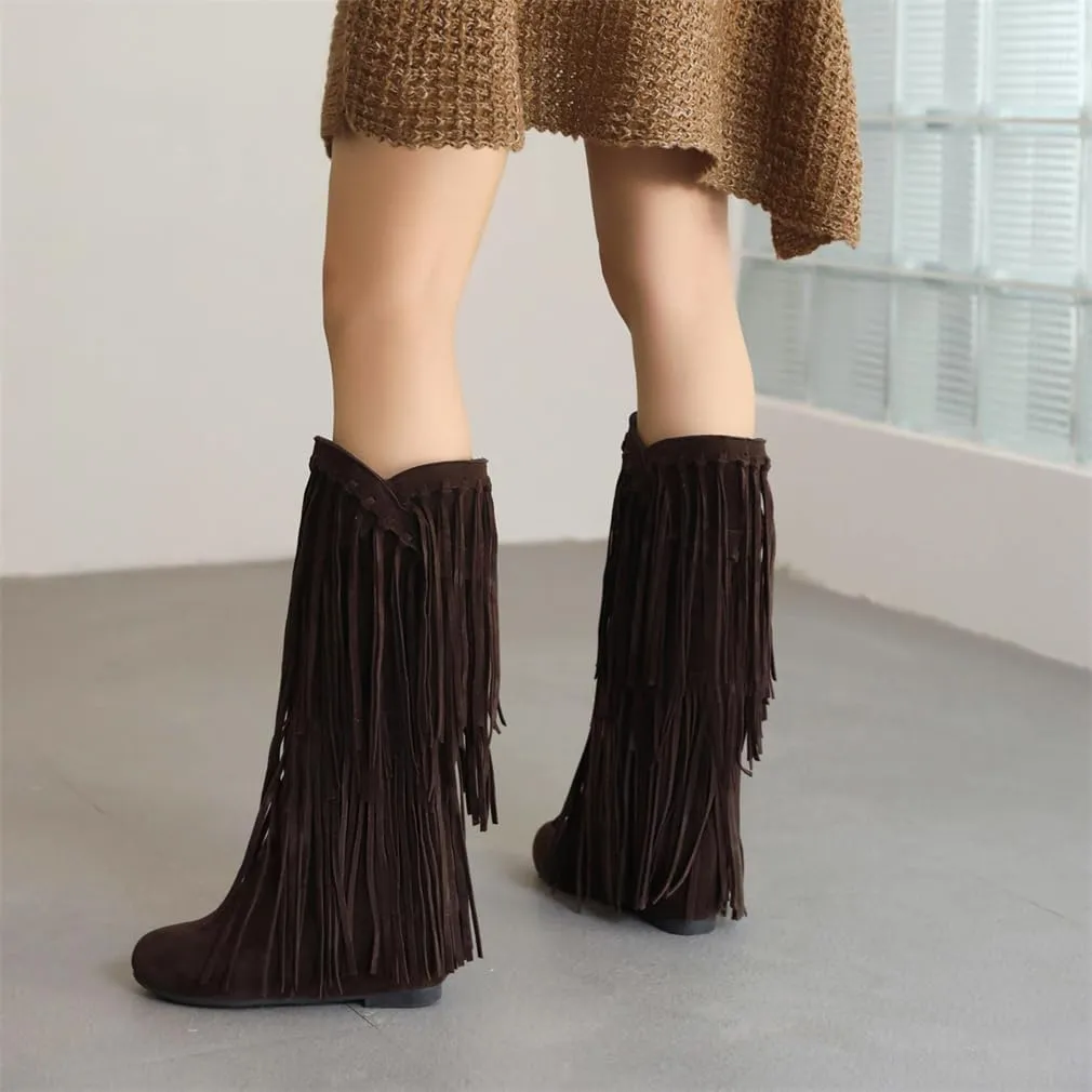 gongxifacai Womens Fringe Western Boots Fashion Hidden Heel Knee-high Boots