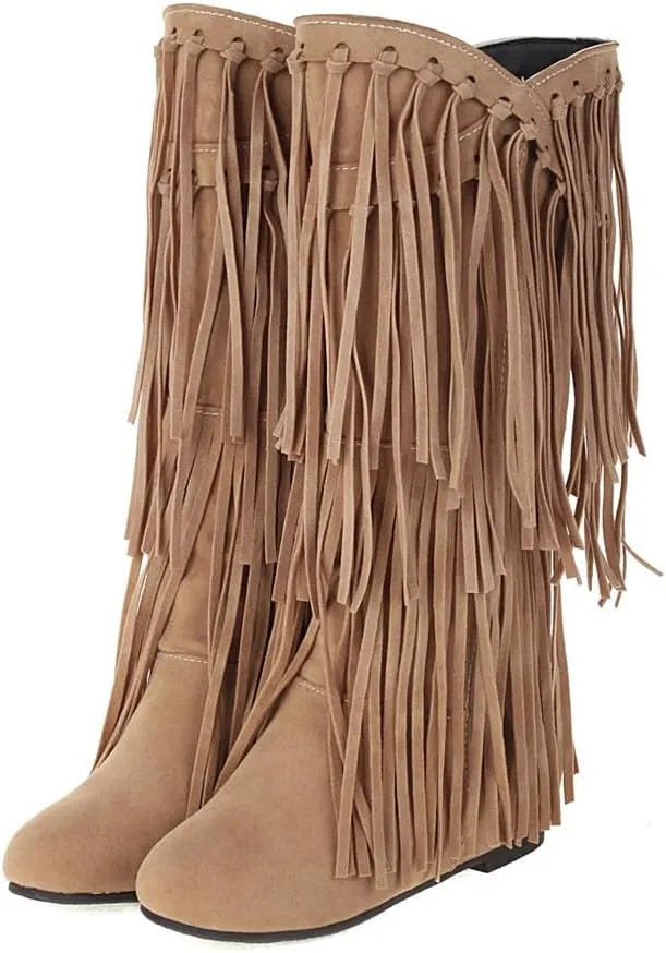 gongxifacai Womens Fringe Western Boots Fashion Hidden Heel Knee-high Boots
