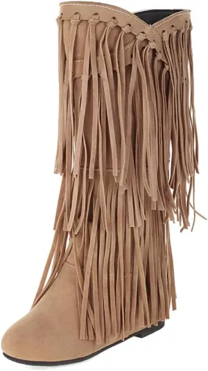 gongxifacai Womens Fringe Western Boots Fashion Hidden Heel Knee-high Boots