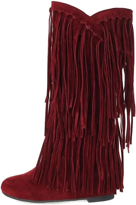 gongxifacai Womens Fringe Western Boots Fashion Hidden Heel Knee-high Boots