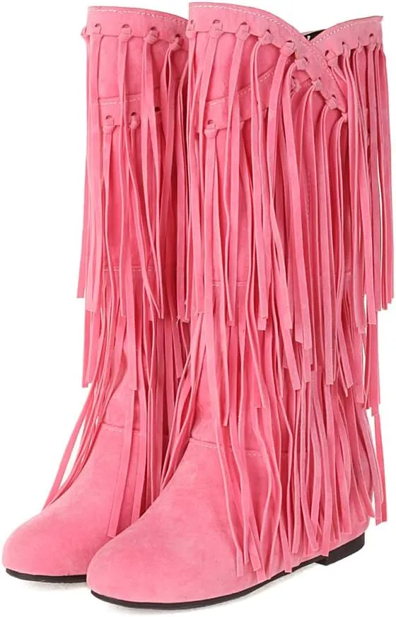 gongxifacai Womens Fringe Western Boots Fashion Hidden Heel Knee-high Boots
