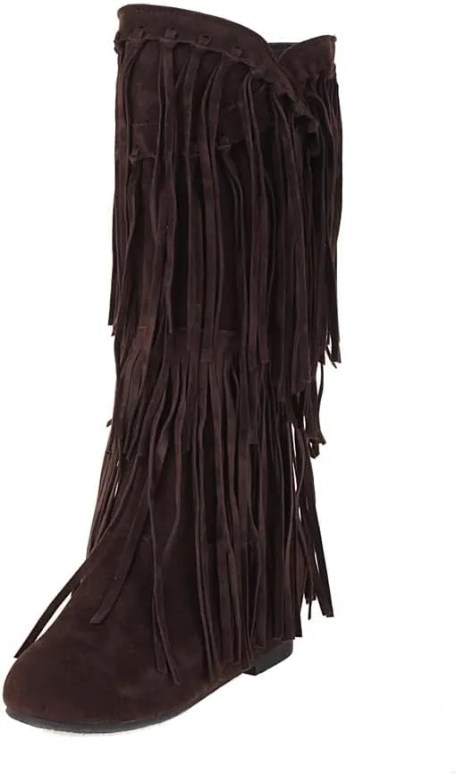gongxifacai Womens Fringe Western Boots Fashion Hidden Heel Knee-high Boots
