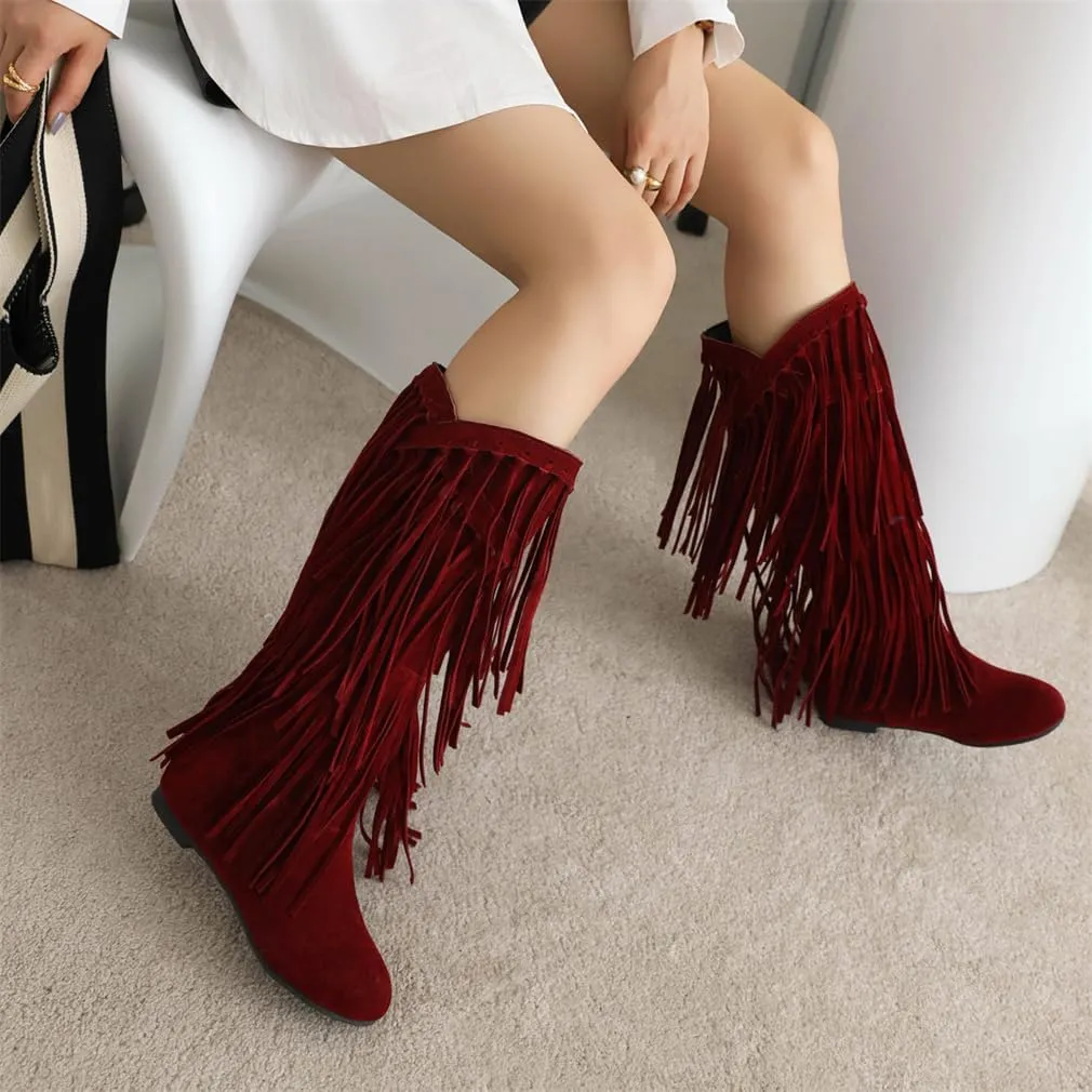 gongxifacai Womens Fringe Western Boots Fashion Hidden Heel Knee-high Boots
