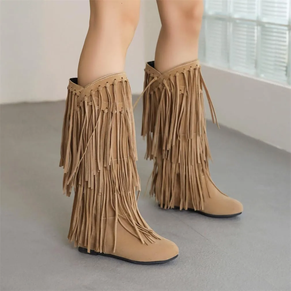 gongxifacai Womens Fringe Western Boots Fashion Hidden Heel Knee-high Boots