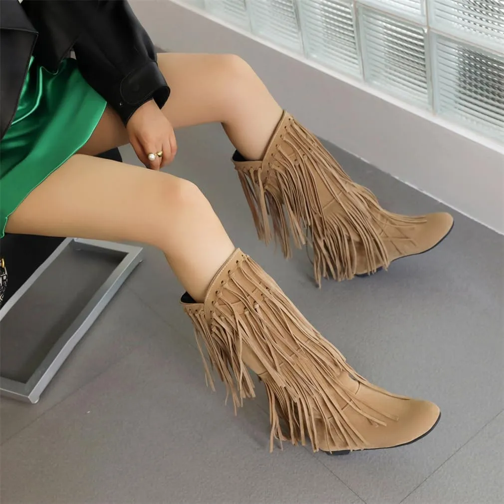 gongxifacai Womens Fringe Western Boots Fashion Hidden Heel Knee-high Boots