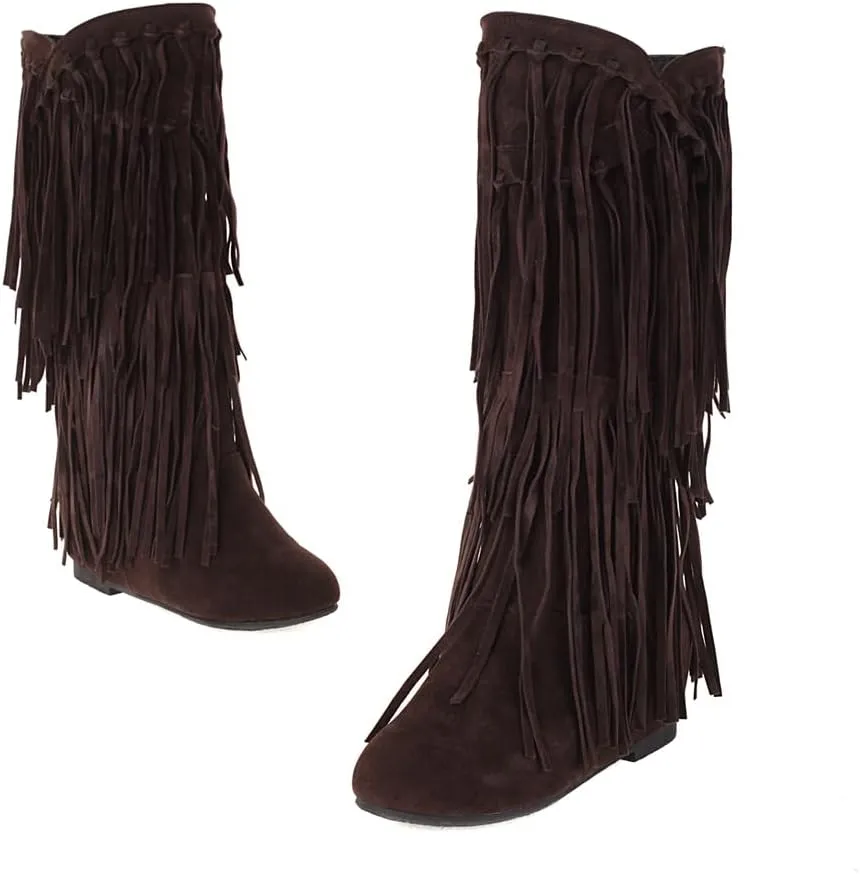 gongxifacai Womens Fringe Western Boots Fashion Hidden Heel Knee-high Boots