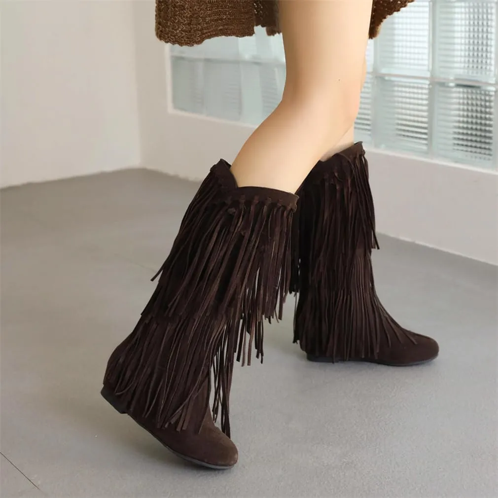 gongxifacai Womens Fringe Western Boots Fashion Hidden Heel Knee-high Boots