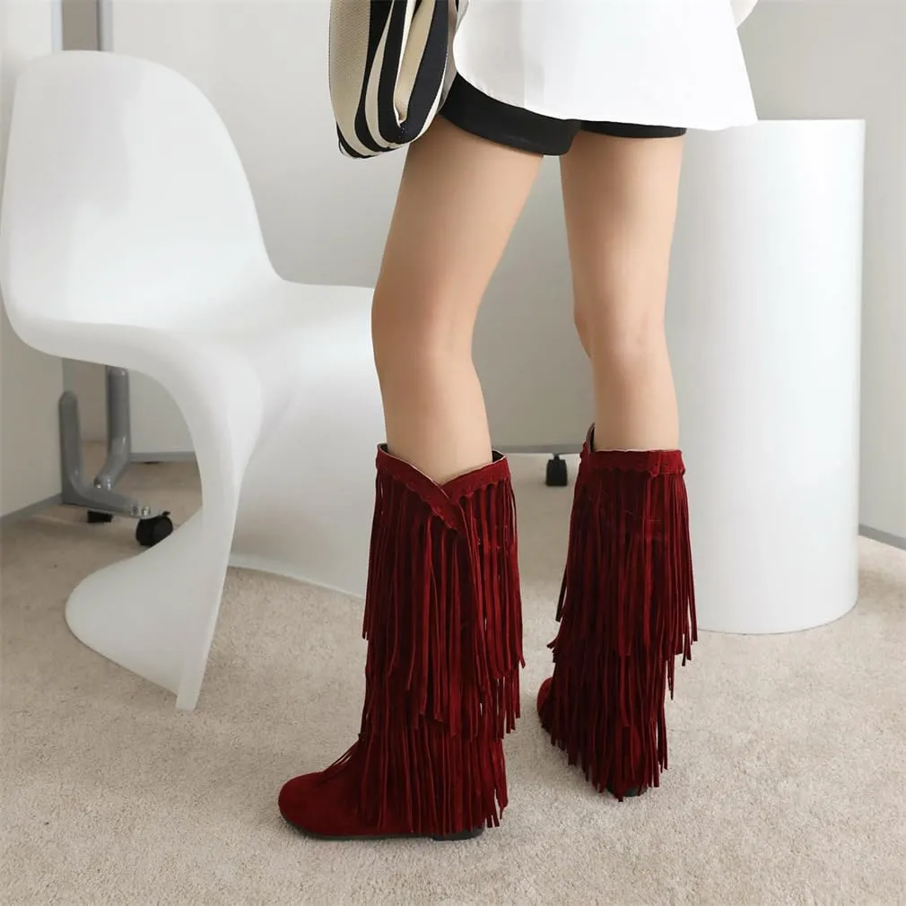 gongxifacai Womens Fringe Western Boots Fashion Hidden Heel Knee-high Boots