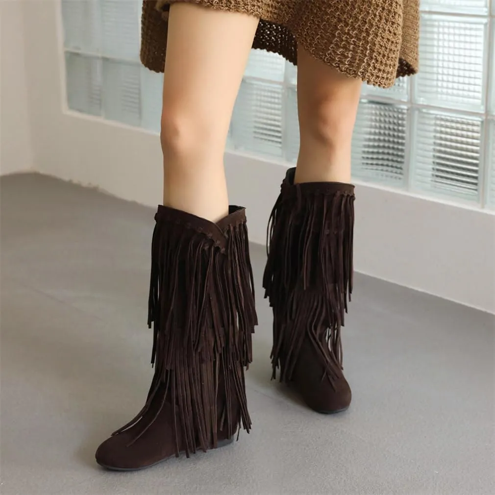 gongxifacai Womens Fringe Western Boots Fashion Hidden Heel Knee-high Boots