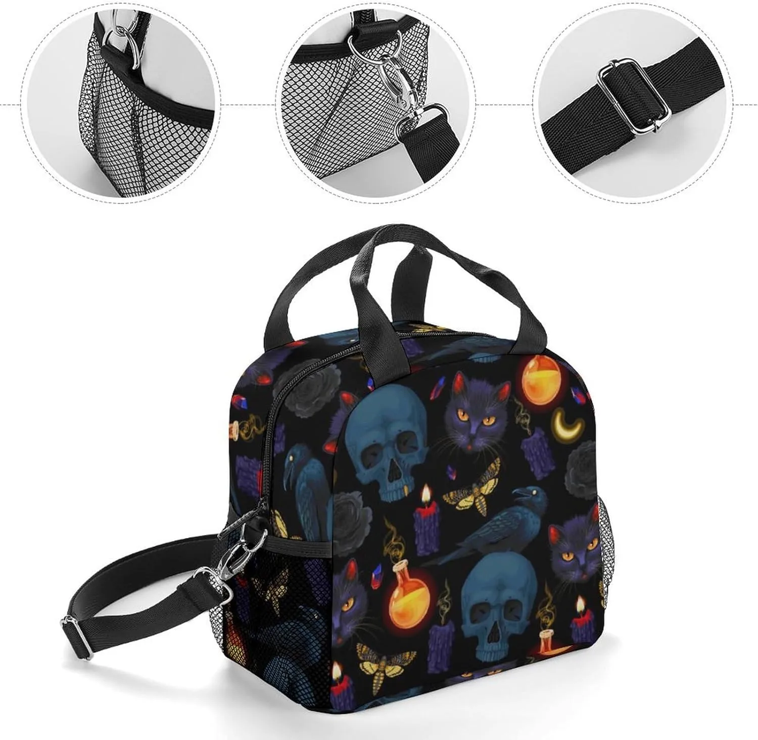 Goth Moon Black Cat Raven Skull Adjustable Shoulder Strap Insulated And Leak Proof Premium Lunch Bag Unisex