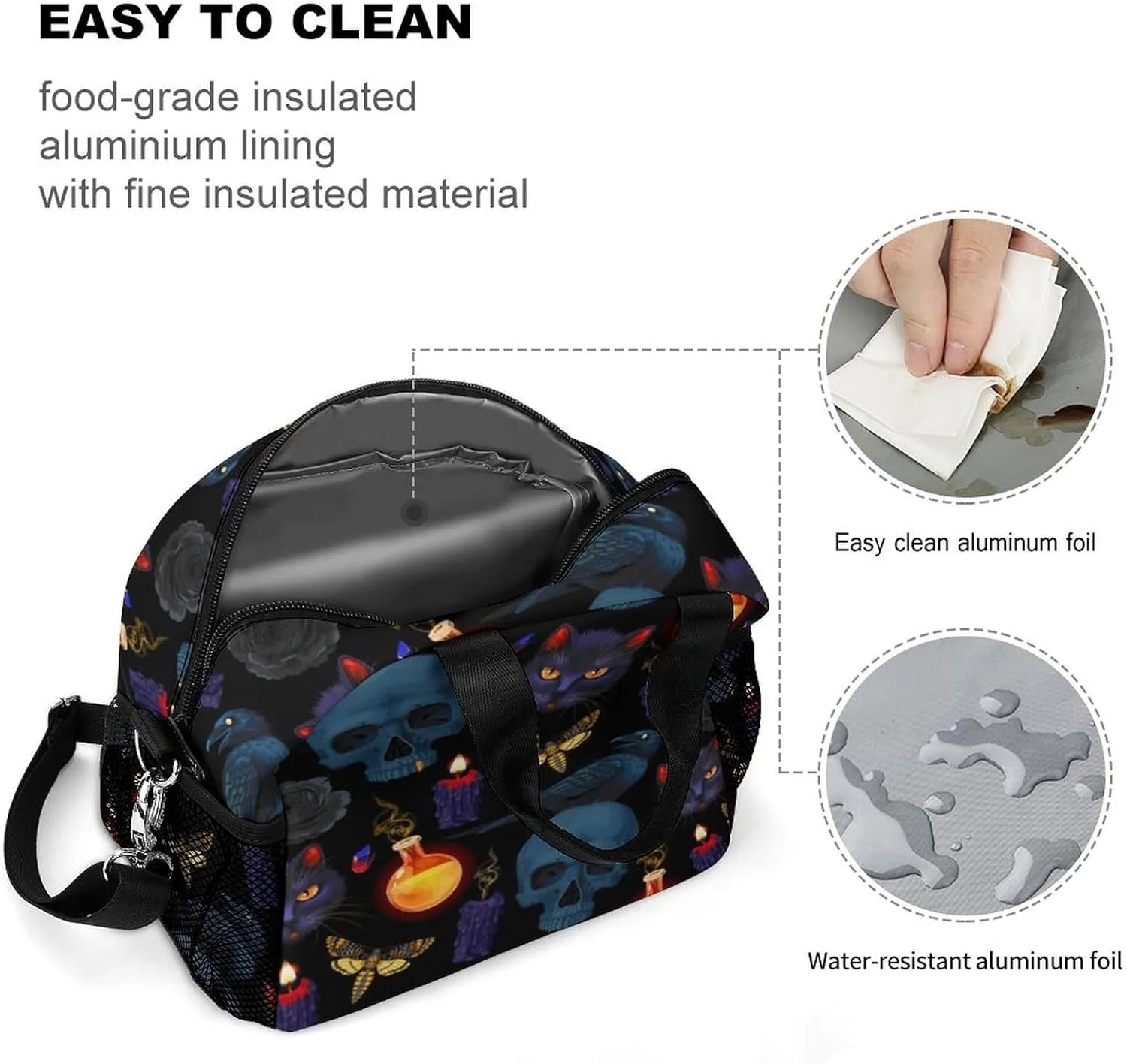 Goth Moon Black Cat Raven Skull Adjustable Shoulder Strap Insulated And Leak Proof Premium Lunch Bag Unisex