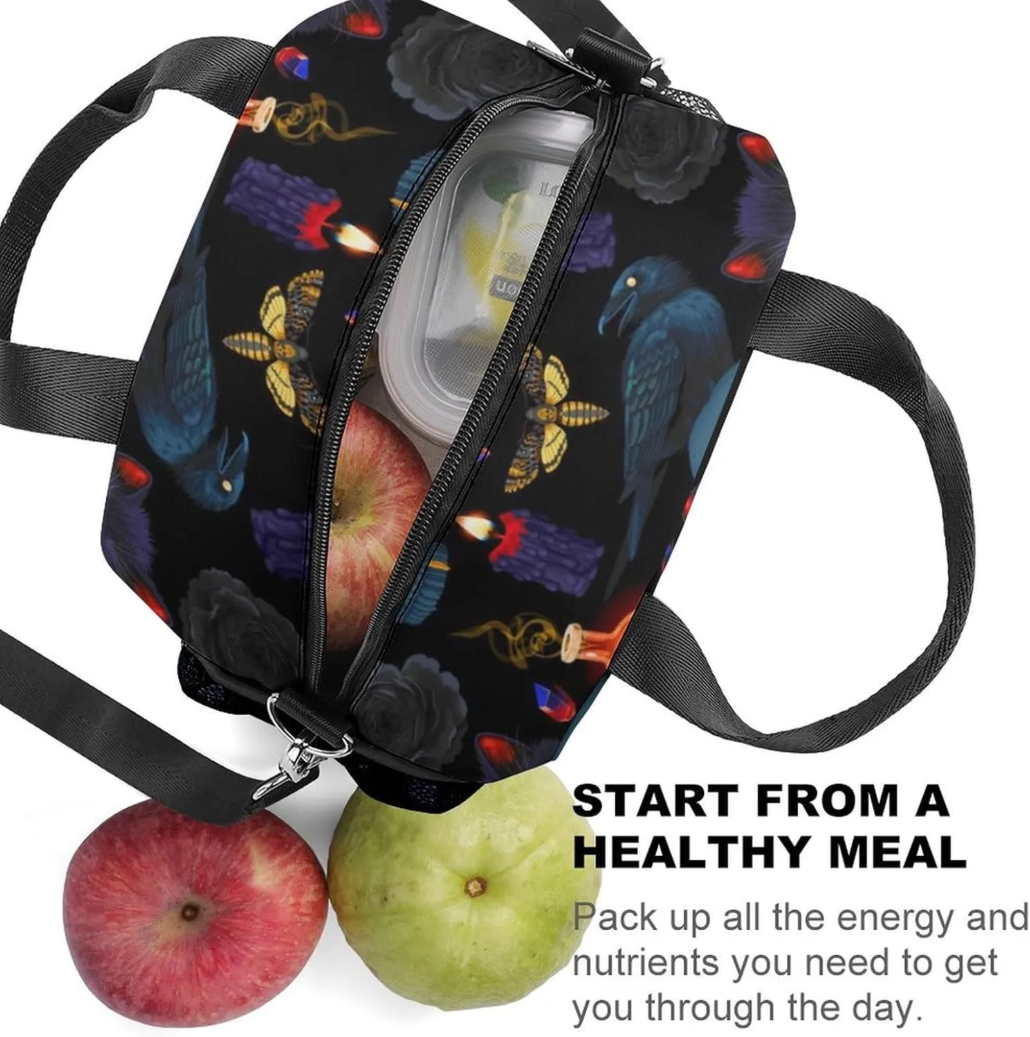 Goth Moon Black Cat Raven Skull Adjustable Shoulder Strap Insulated And Leak Proof Premium Lunch Bag Unisex