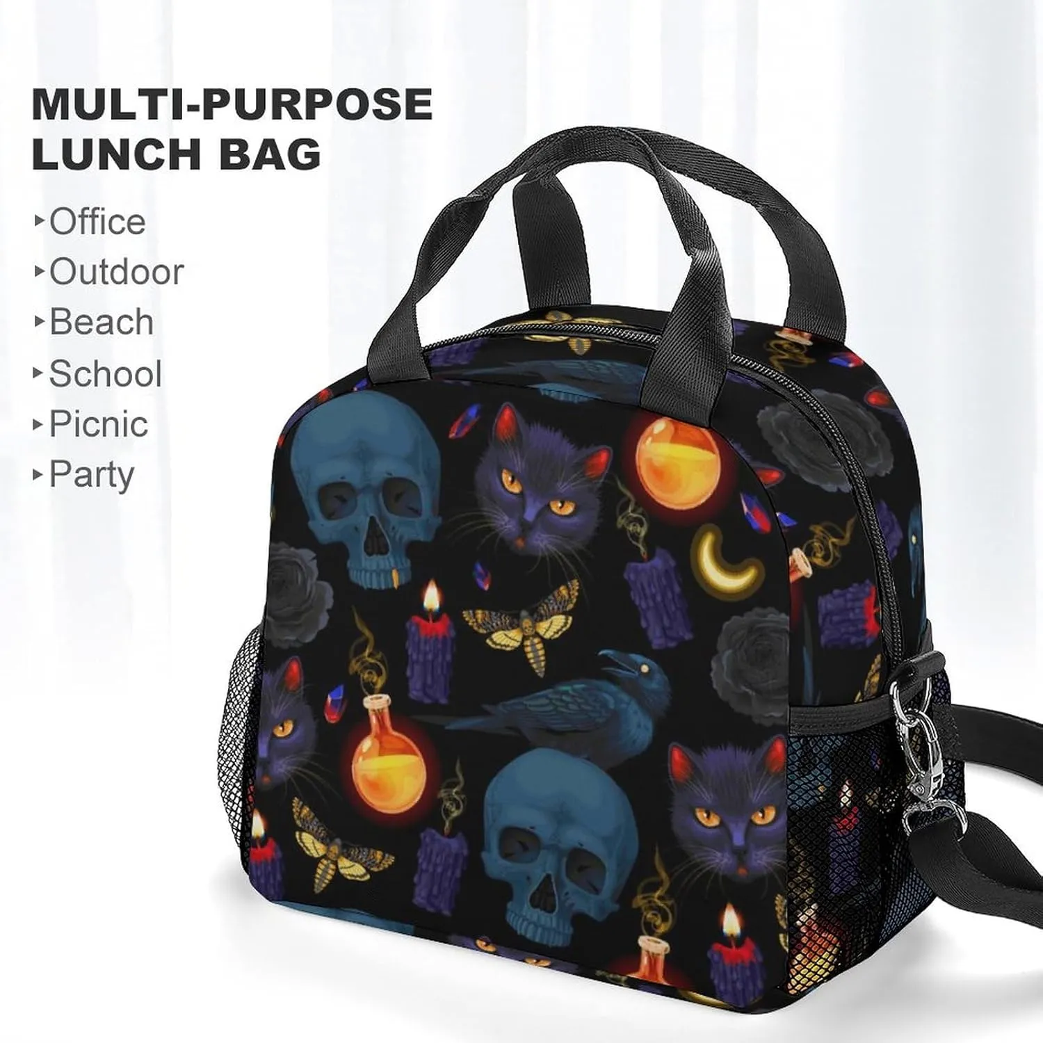 Goth Moon Black Cat Raven Skull Adjustable Shoulder Strap Insulated And Leak Proof Premium Lunch Bag Unisex
