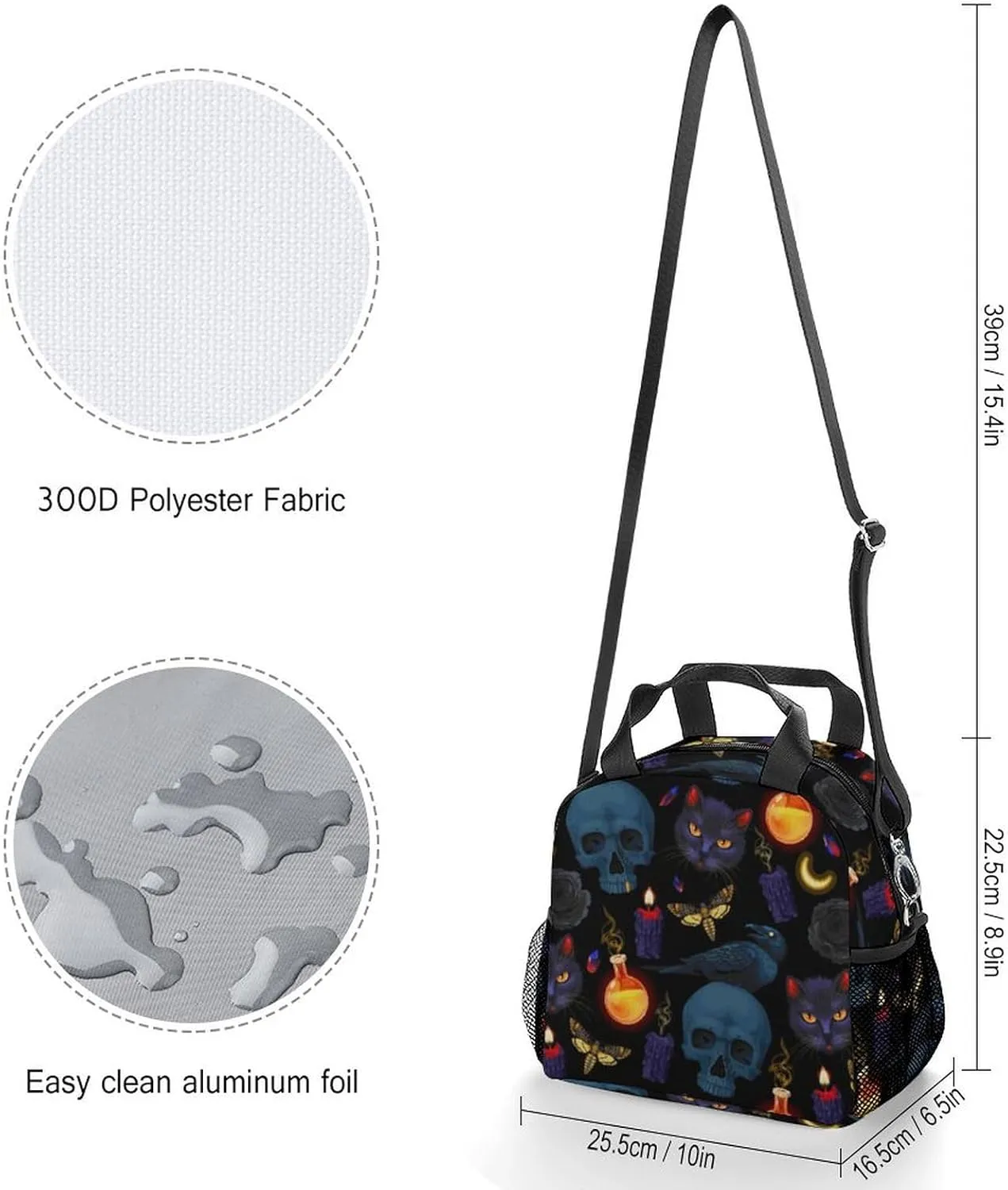 Goth Moon Black Cat Raven Skull Adjustable Shoulder Strap Insulated And Leak Proof Premium Lunch Bag Unisex