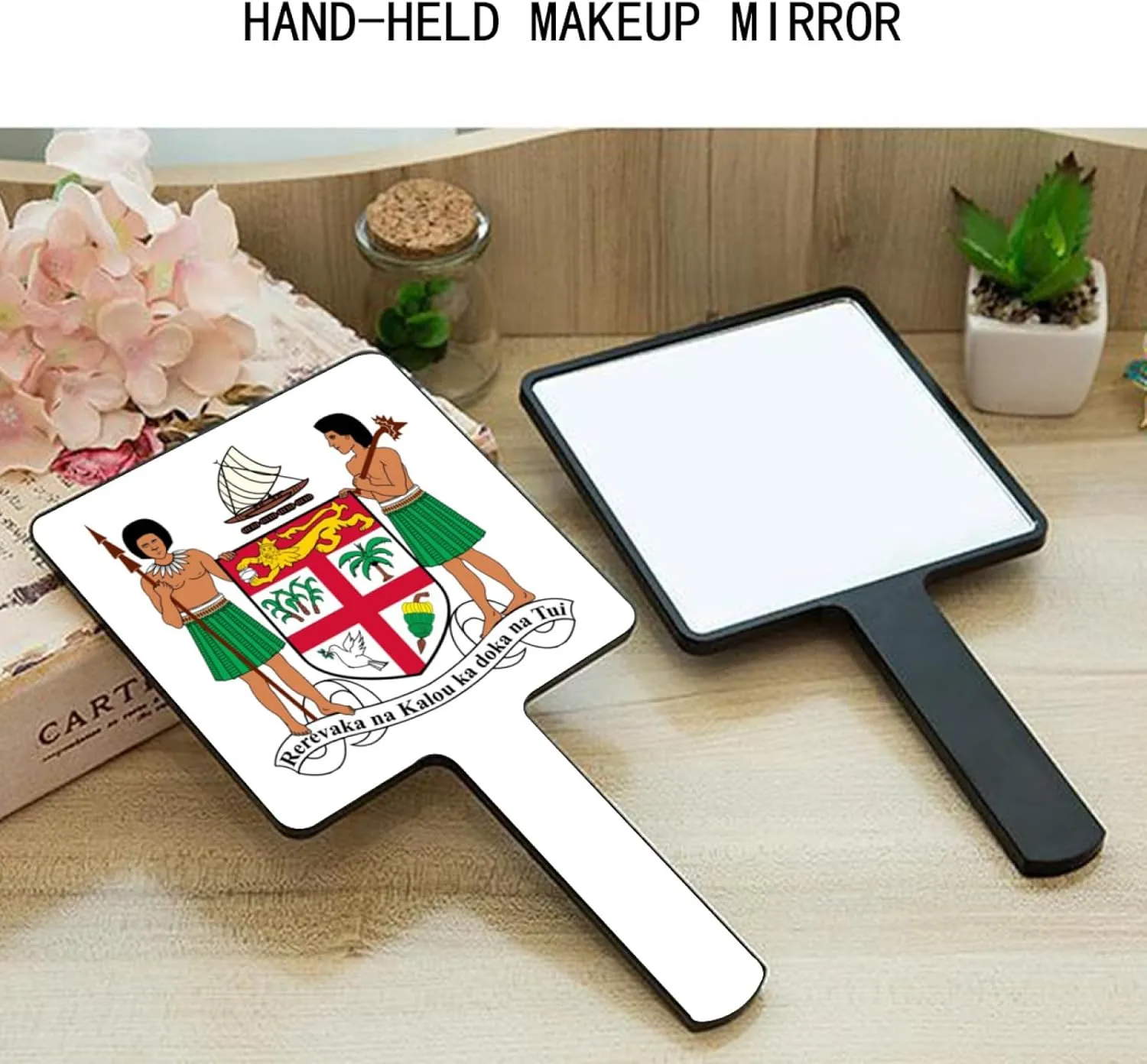 GOYMFKM Handheld Makeup Mirrors with Fiji National Emblem Map Flag- Hand Held Mirror with Handle for Makeup, Portable Travel Vanity Mirror for Men Women(Square) Black 9×16Cm