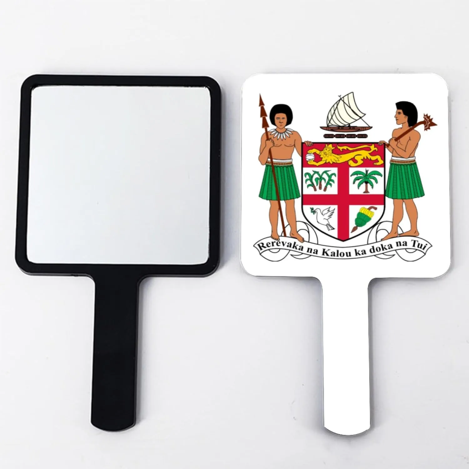 GOYMFKM Handheld Makeup Mirrors with Fiji National Emblem Map Flag- Hand Held Mirror with Handle for Makeup, Portable Travel Vanity Mirror for Men Women(Square) Black 9×16Cm