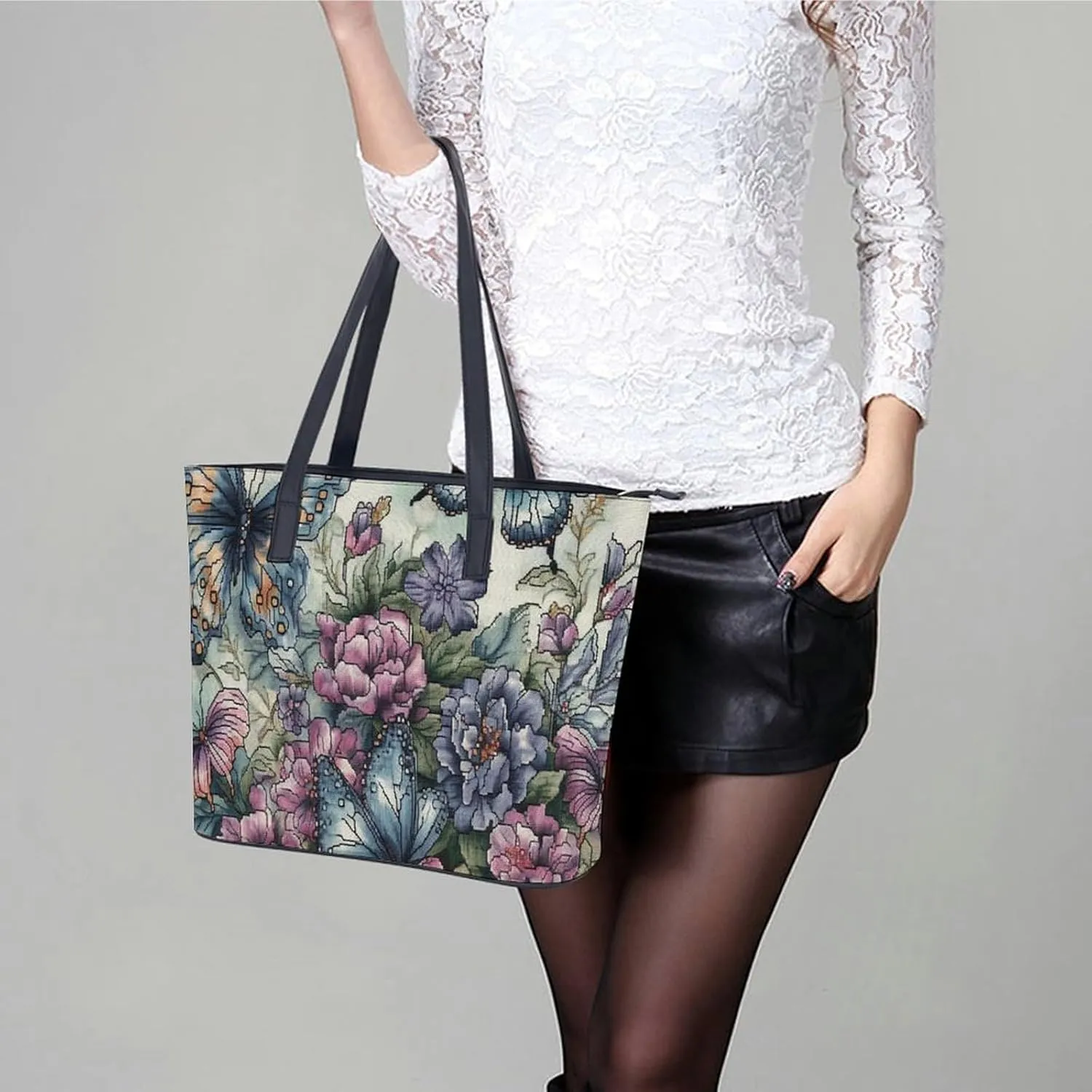 Gray Leather Bag Purse Handbag for Women Top Handle Satchel Shoulder with Zipper Tote Bags Large