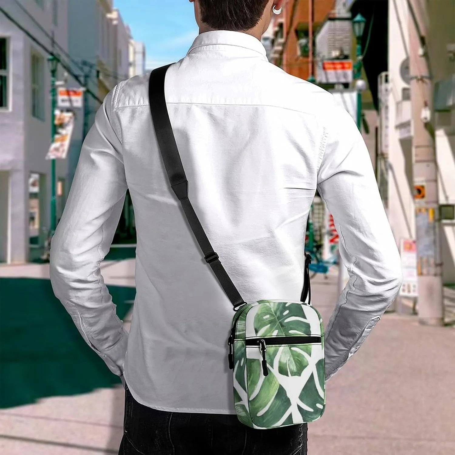 Green Tropical Palm leaves, Seamless Jungle Leaves on White Adjustable Fanny Waist Pack Pouch, Waterproof Crossbody Runners Bag Wallet for Gym Hiking Fitness Women Men 6.1 x 2.2 x 7.9 inch