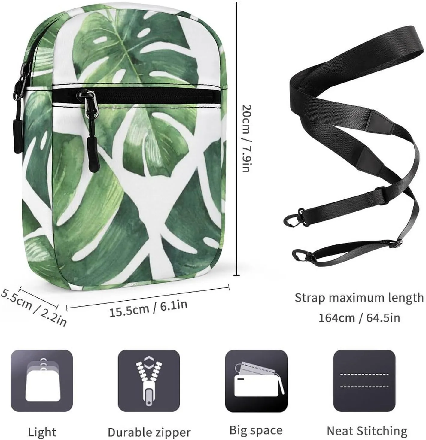 Green Tropical Palm leaves, Seamless Jungle Leaves on White Adjustable Fanny Waist Pack Pouch, Waterproof Crossbody Runners Bag Wallet for Gym Hiking Fitness Women Men 6.1 x 2.2 x 7.9 inch