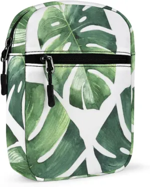 Green Tropical Palm leaves, Seamless Jungle Leaves on White Adjustable Fanny Waist Pack Pouch, Waterproof Crossbody Runners Bag Wallet for Gym Hiking Fitness Women Men 6.1 x 2.2 x 7.9 inch