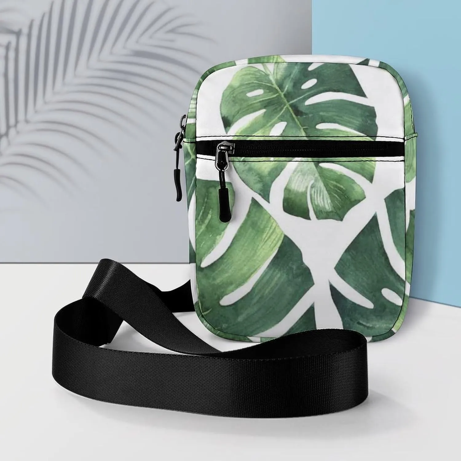 Green Tropical Palm leaves, Seamless Jungle Leaves on White Adjustable Fanny Waist Pack Pouch, Waterproof Crossbody Runners Bag Wallet for Gym Hiking Fitness Women Men 6.1 x 2.2 x 7.9 inch
