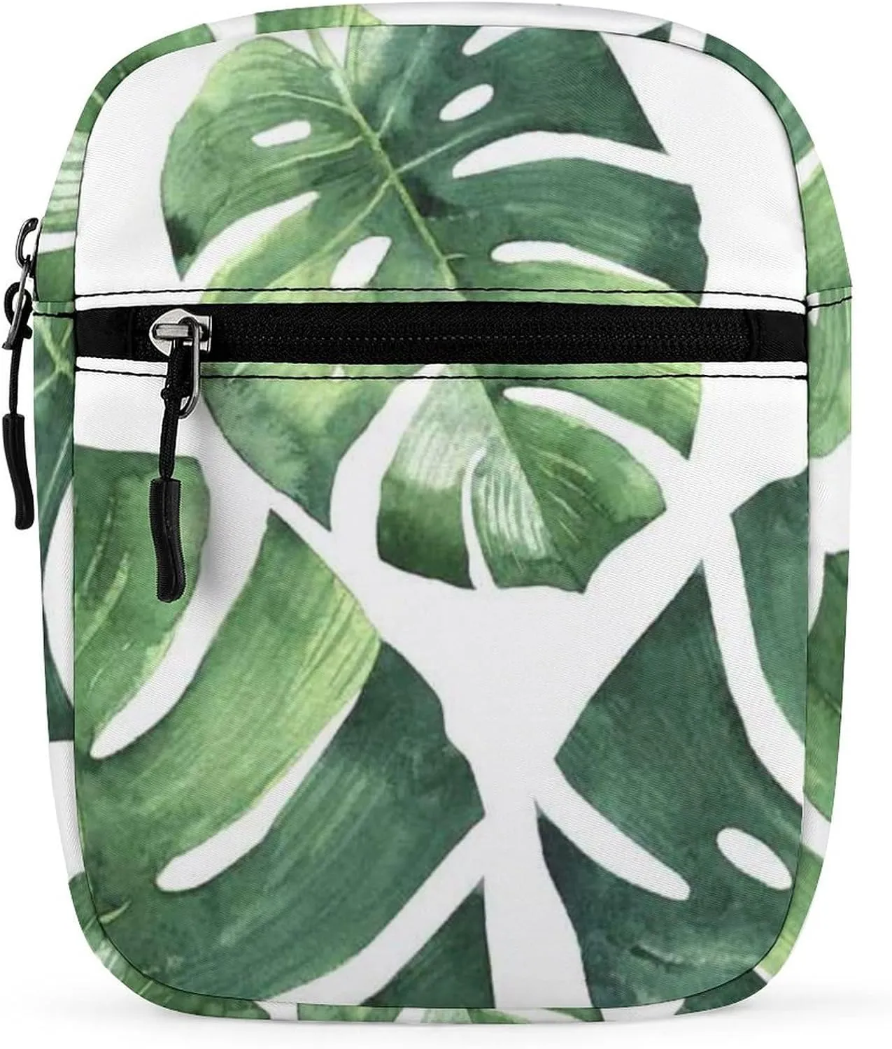 Green Tropical Palm leaves, Seamless Jungle Leaves on White Adjustable Fanny Waist Pack Pouch, Waterproof Crossbody Runners Bag Wallet for Gym Hiking Fitness Women Men 6.1 x 2.2 x 7.9 inch