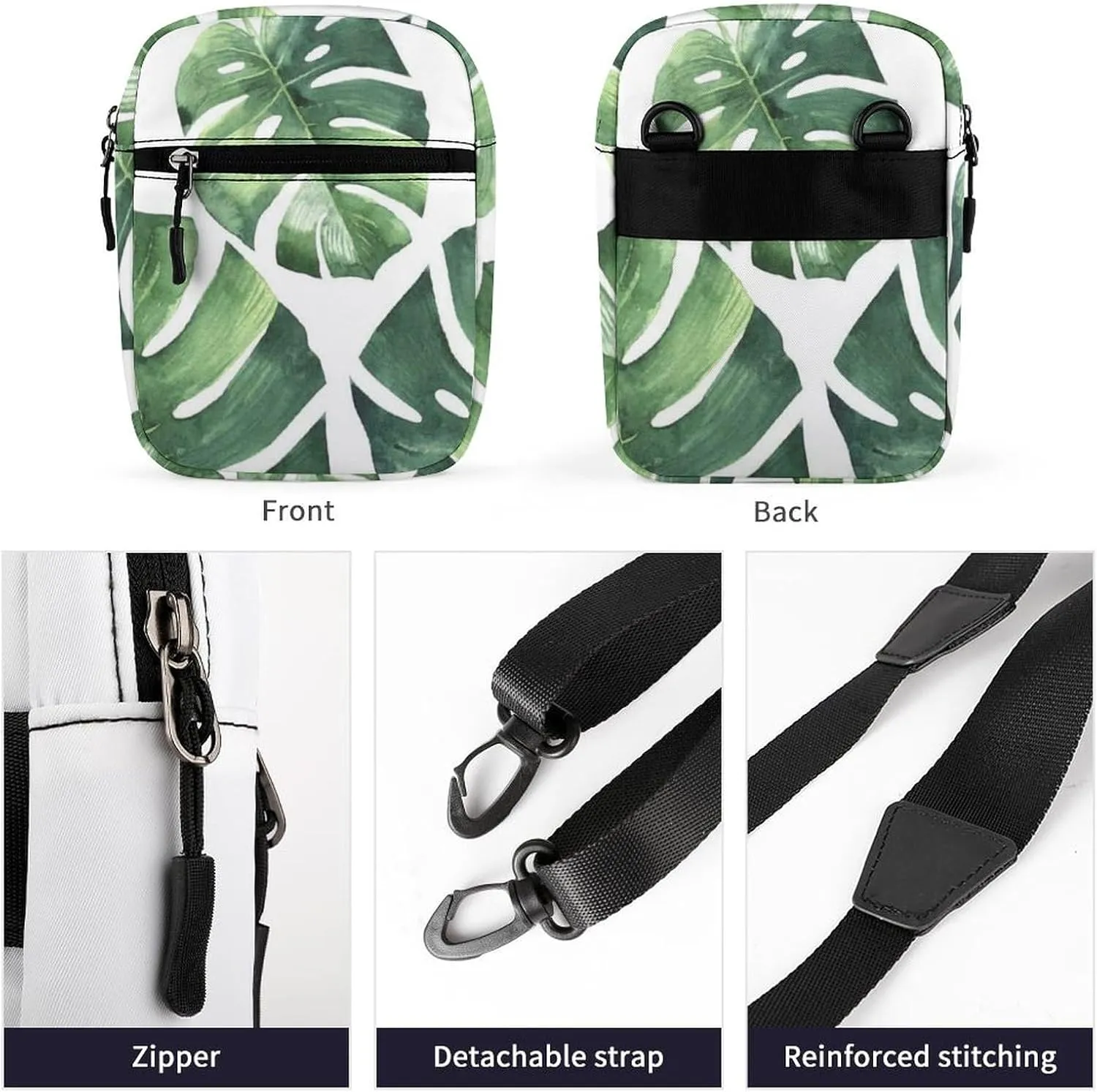 Green Tropical Palm leaves, Seamless Jungle Leaves on White Adjustable Fanny Waist Pack Pouch, Waterproof Crossbody Runners Bag Wallet for Gym Hiking Fitness Women Men 6.1 x 2.2 x 7.9 inch
