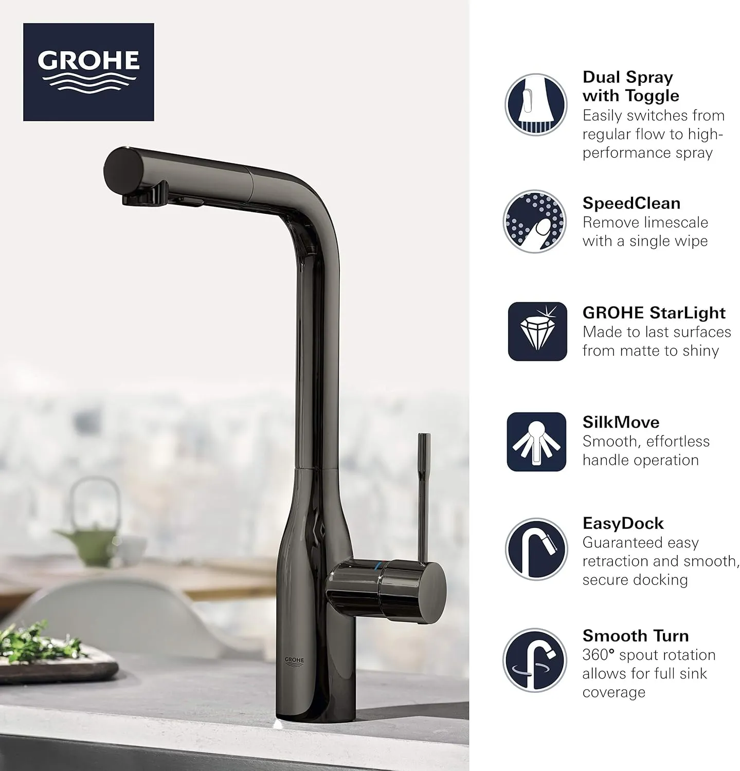 GROHE 302712430 Essence Single-Handle Kitchen Sink Faucet with Pull-Down Sprayer, Brass, Matte Black