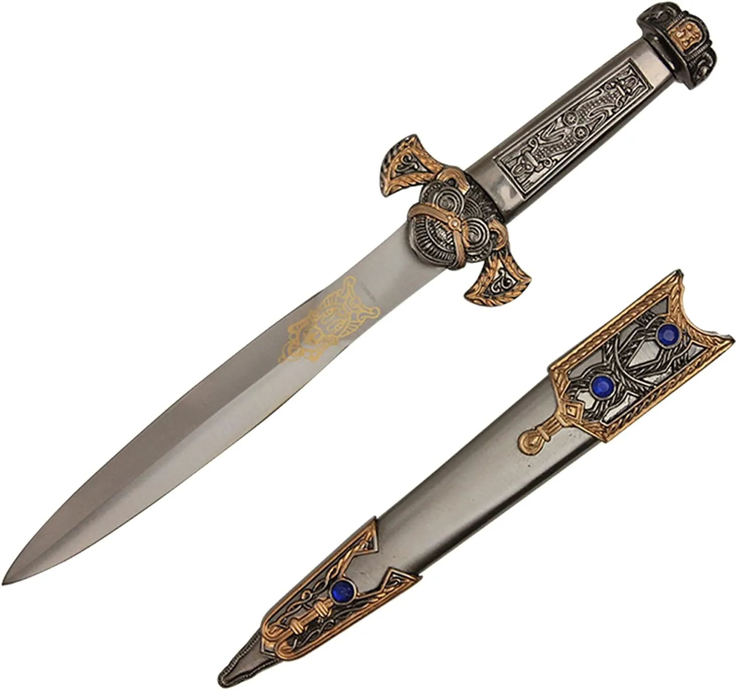 H-74 Medieval Roman Viking Knights Dagger Knife with Engraved Metal Face Sheath Scabbard & Gems, 14", Blue
