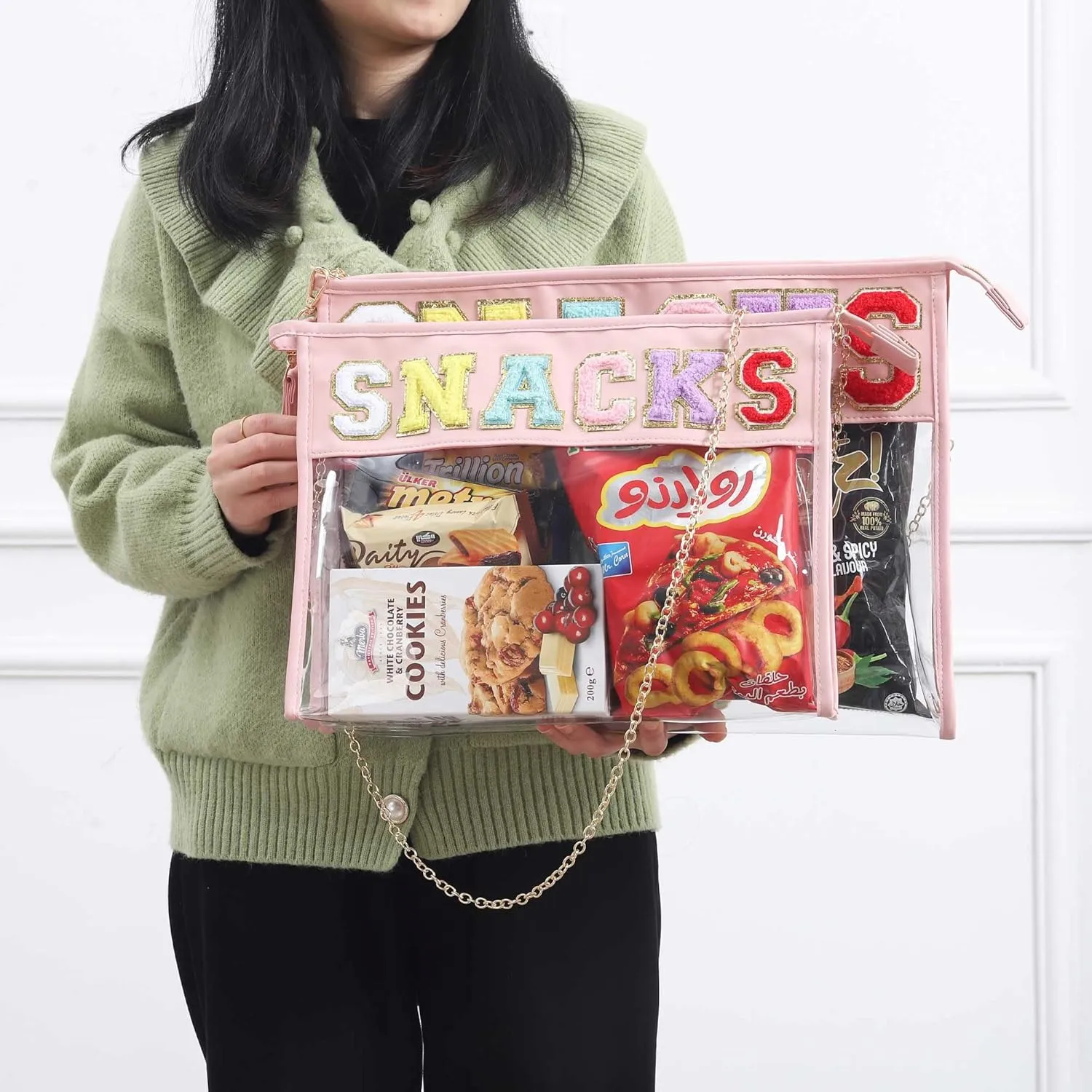 HAIBOLAN Monogram Clear Stadium Purse Bag Chenille Letter Travel Patch Pouch Snack Makeup Wristlet