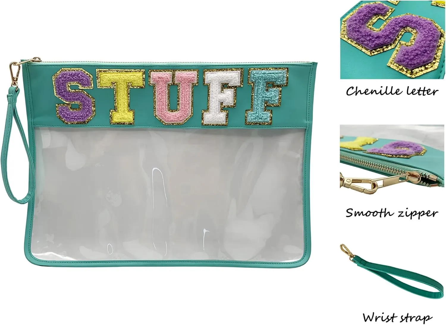 HAIBOLAN Monogram Clear Stadium Purse Bag Chenille Letter Travel Patch Pouch Snack Makeup Wristlet