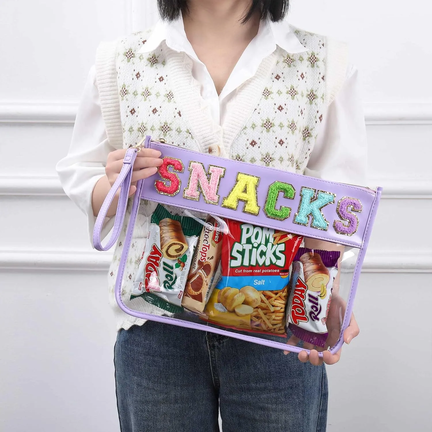 HAIBOLAN Monogram Clear Stadium Purse Bag Chenille Letter Travel Patch Pouch Snack Makeup Wristlet