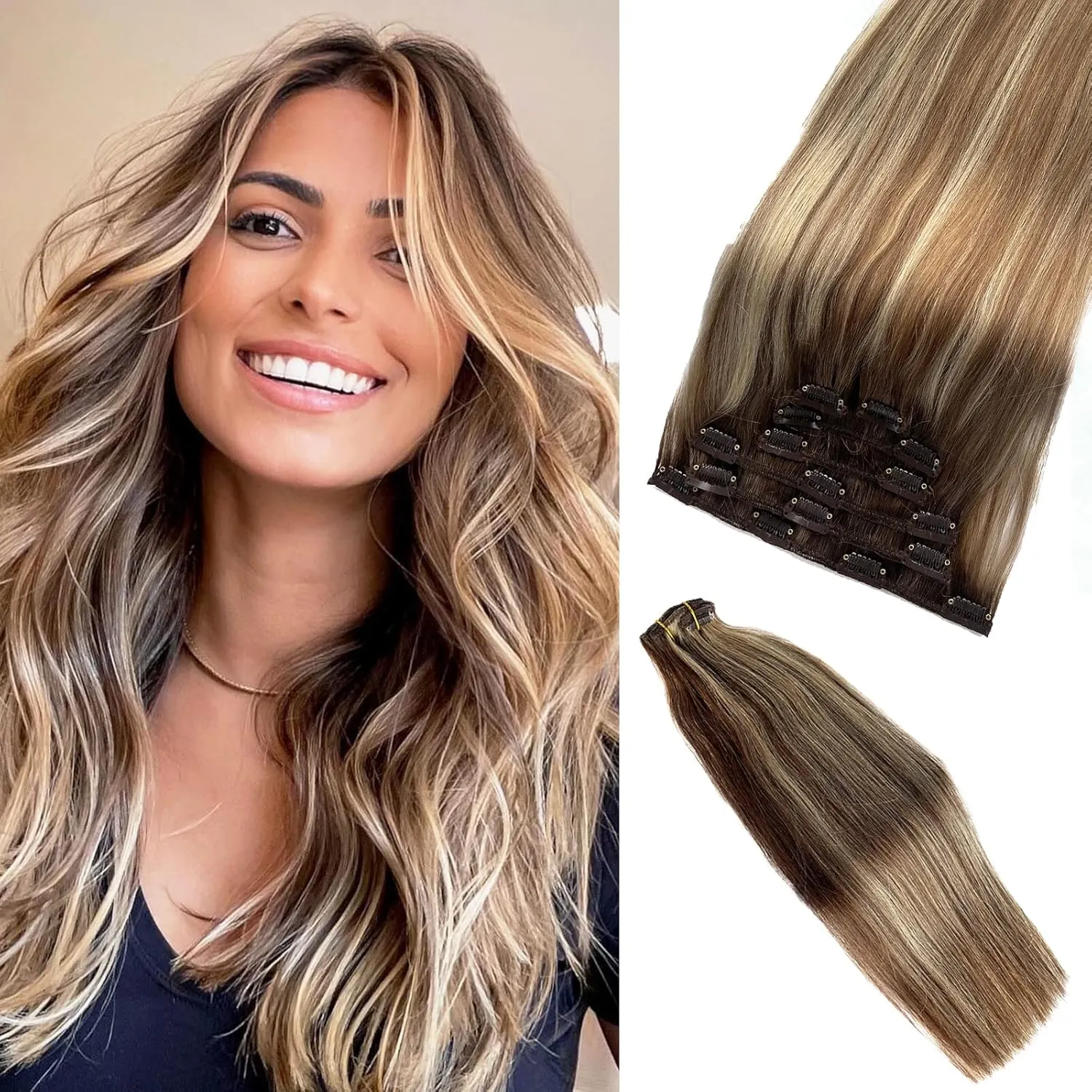 Hair Extensions Clip ins Medium Brown to Caramel Blonde Highlighted Human Hair Clip in Extensions 22Inch Balayage Remy Hair Extensions for Full Head 70g 7Pieces
