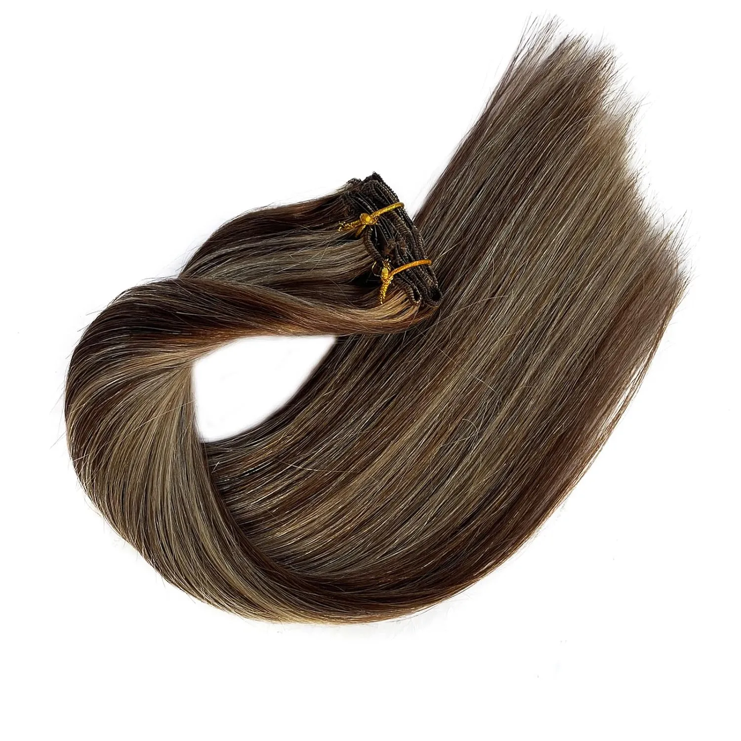 Hair Extensions Clip ins Medium Brown to Caramel Blonde Highlighted Human Hair Clip in Extensions 22Inch Balayage Remy Hair Extensions for Full Head 70g 7Pieces