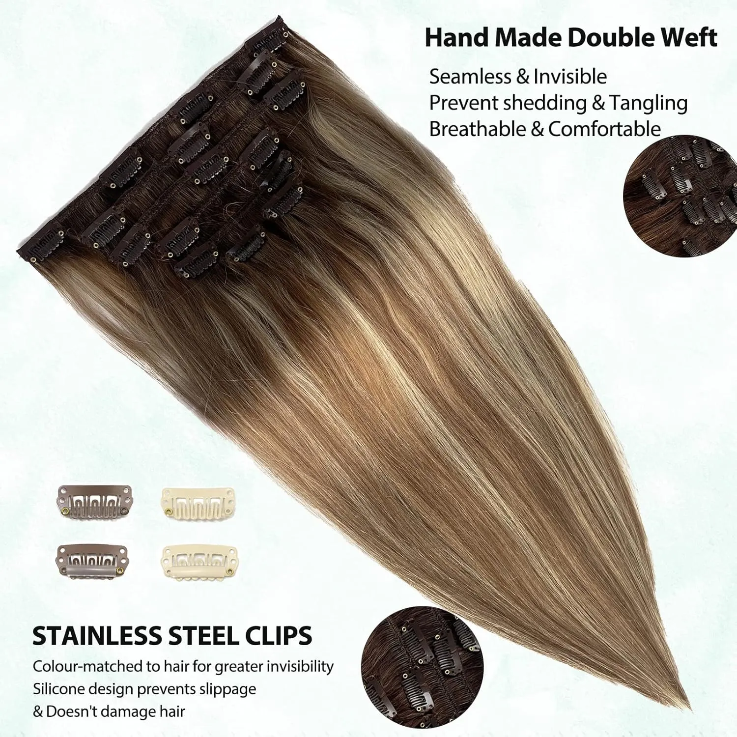 Hair Extensions Clip ins Medium Brown to Caramel Blonde Highlighted Human Hair Clip in Extensions 22Inch Balayage Remy Hair Extensions for Full Head 70g 7Pieces