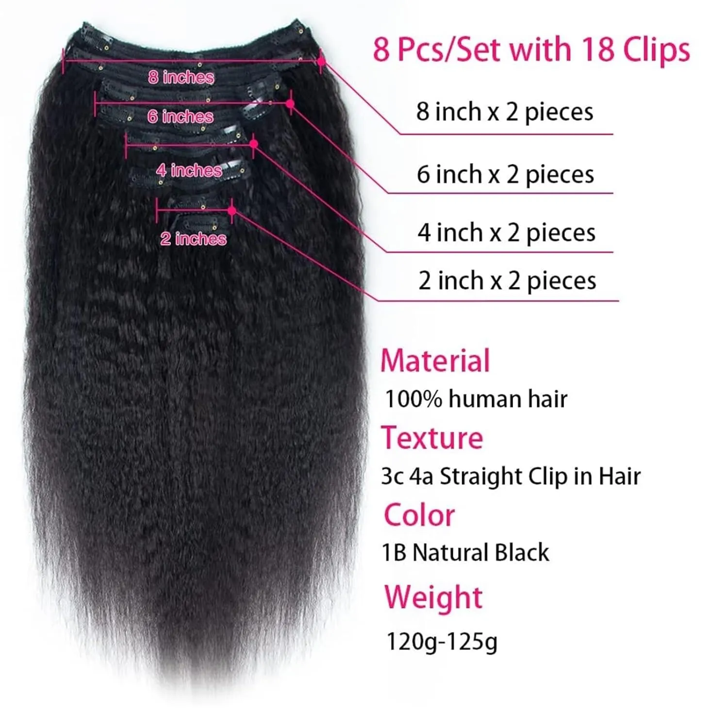 Hair Extensions Kinky Straight Clip In Hair Extensions Human Hair Clip In Extensions for Black Women #1B Natural Hair Black Kinky Yaki Straight Clip In Brazilian Virgin Human Hair 8Pcs Hair Pieces(14