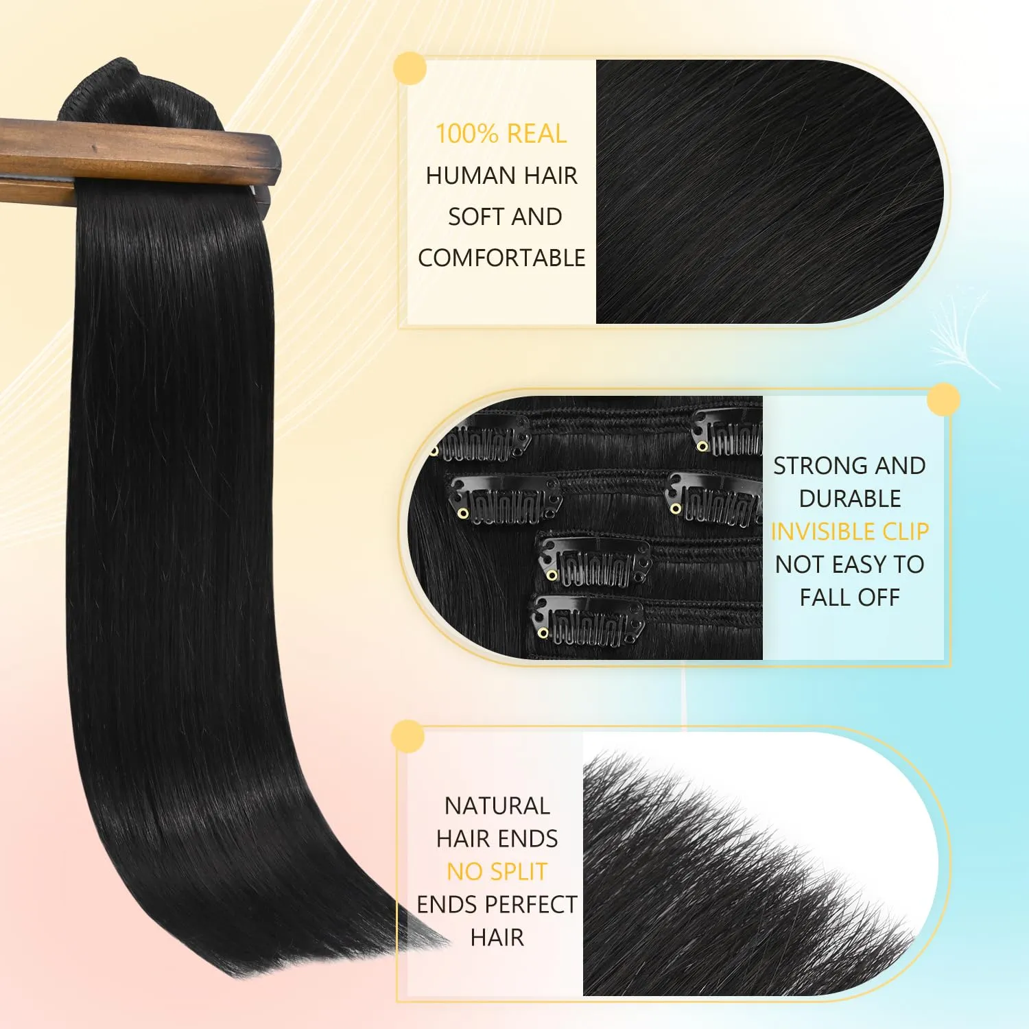 Hair Extensions Real Human Hair Clip ins 100% Remy Human Hair Natural Black for Black Women 75g 18 Inch Soft Silky Straight Clip in Hair Extensions