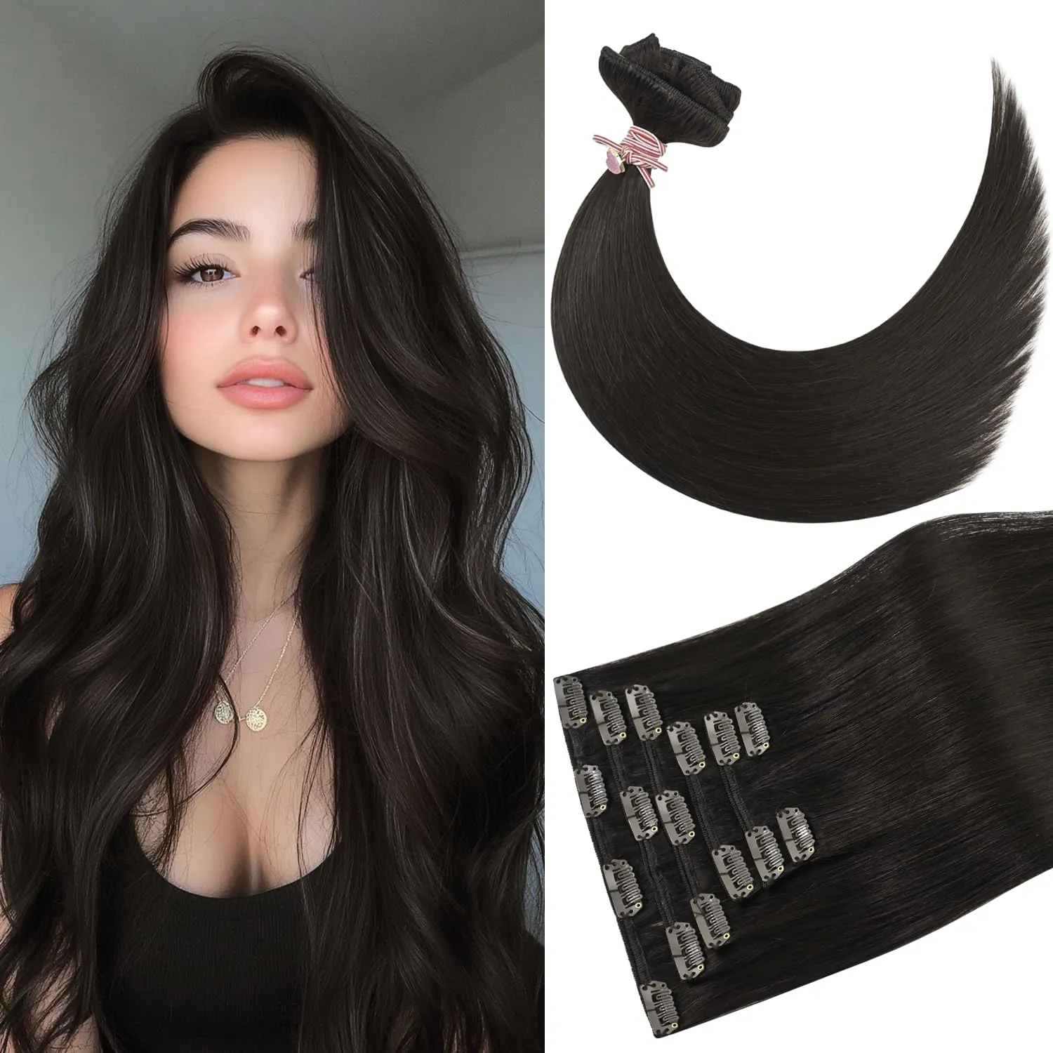 Hair Extensions Remy Clip in Hair Extensions Real Human Hair 20 inch 75g #2 Dark Brown 100% Human Hair Clip ins Natural Straight Hair Extension for Women