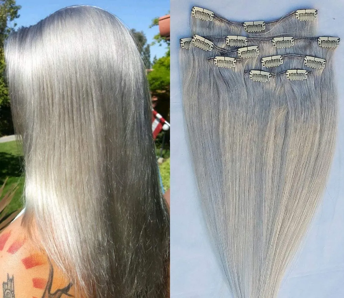 Hair Faux You 18" Clip in Hair Extensions Real Human Hair 80g Clip on for Full Head 7 pieces, 14 clips, Silky Straight Weft Remy Hair Color # Light Ash Blonde (Without Gold Tint)