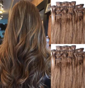 Hair Faux You 20" Clip in Hair Extensions Real Human Hair 90g Clip on for Full Head 7 pieces, 14 clips, Silky Straight Weft Remy Hair Color # 6 Med Chestnut Brown