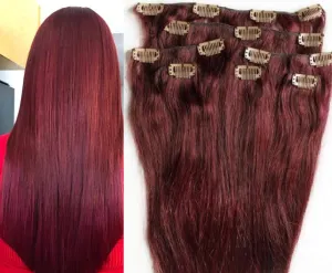 Hair Faux You 20" Clip in Hair Extensions Real Human Hair 90g Clip on for Full Head 7 pieces, 14 clips, Silky Straight Weft Remy Hair Color #99J BURGUNDY RED