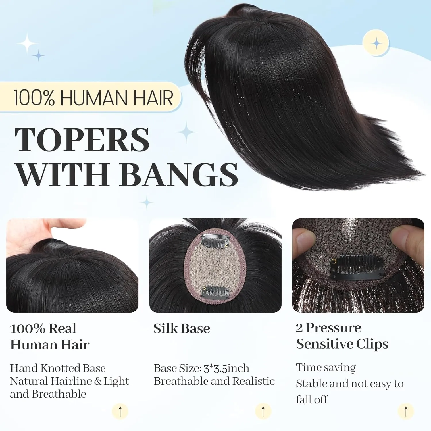 Hair Toppers for Women Real Human Hair Pieces for Women with Thinning Hair Human Hair Toppers with Bangs Clip in Top Silk Base Hair Topper for Thinning hair 10Inch (Medium Auburn Brown)