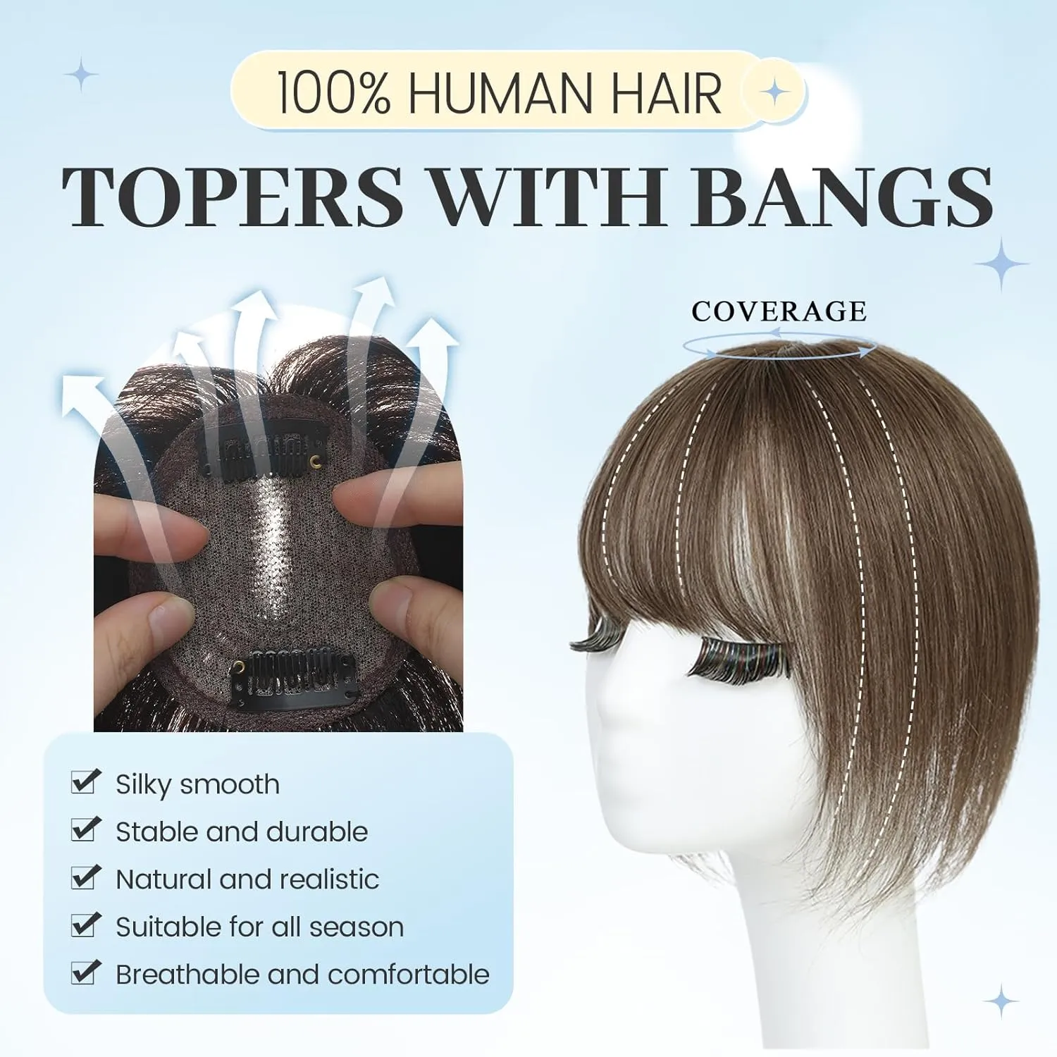 Hair Toppers for Women Real Human Hair Pieces for Women with Thinning Hair Human Hair Toppers with Bangs Clip in Top Silk Base Hair Topper for Thinning hair 10Inch (Medium Auburn Brown)