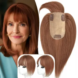 Hair Toppers for Women Real Human Hair with Bangs Extensions for Thinning Hair 150% Density 7 * 13CM Silk Base Clip in Hair Pieces Straight Hairpiece Wiglets 10 Inch #6 Light Brown