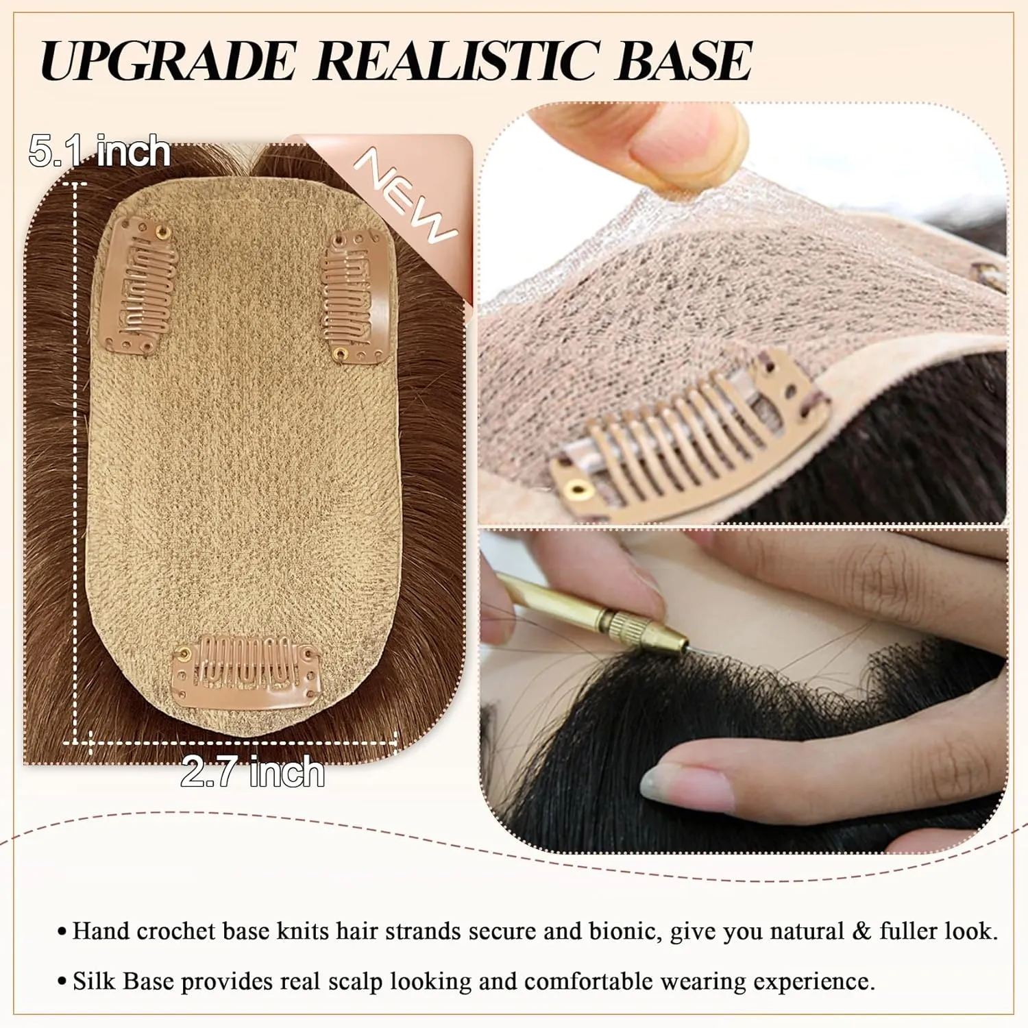 Hair Toppers for Women Real Human Hair with Bangs Extensions for Thinning Hair 150% Density 7 * 13CM Silk Base Clip in Hair Pieces Straight Hairpiece Wiglets 10 Inch #6 Light Brown