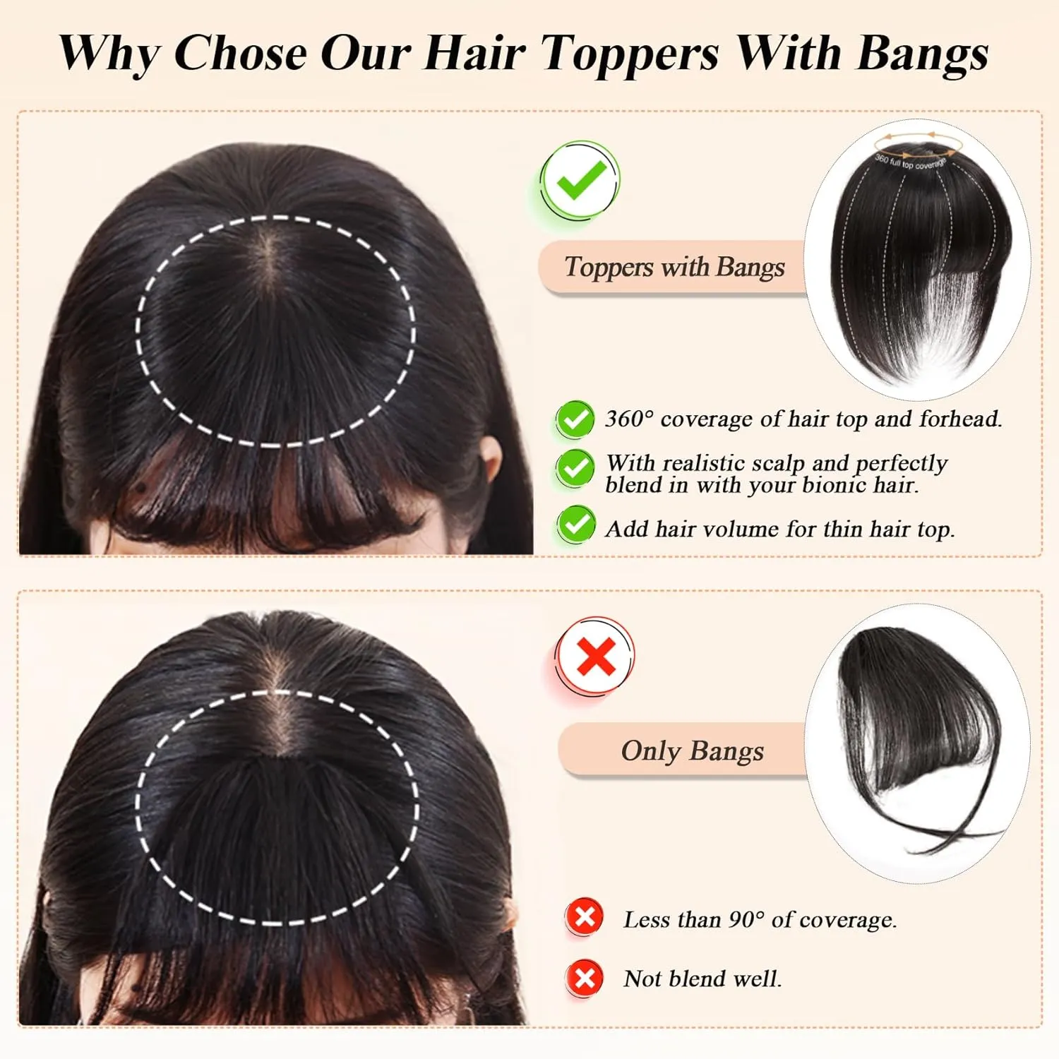 Hair Toppers for Women Real Human Hair with Bangs Extensions for Thinning Hair 150% Density 7 * 13CM Silk Base Clip in Hair Pieces Straight Hairpiece Wiglets 10 Inch #6 Light Brown