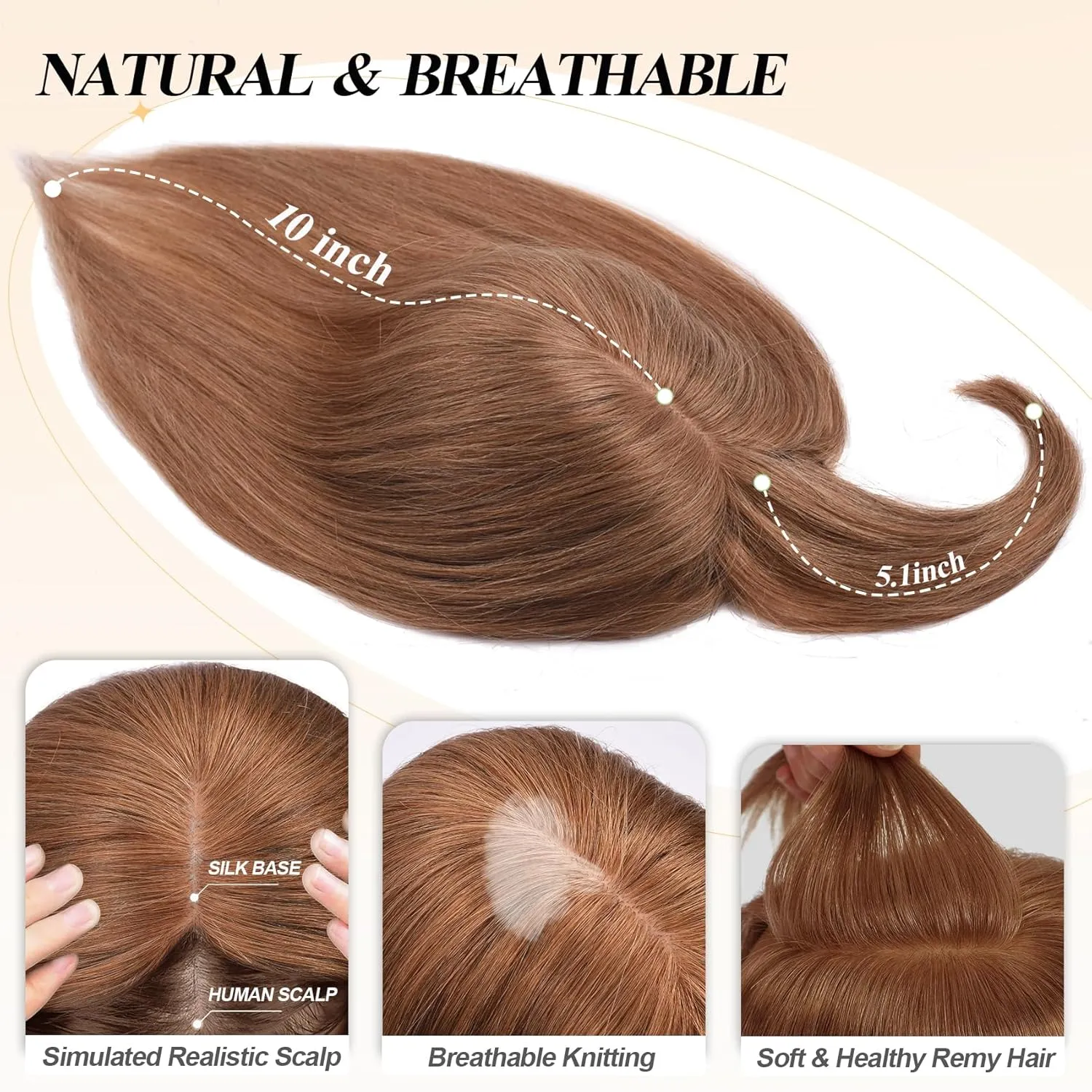 Hair Toppers for Women Real Human Hair with Bangs Extensions for Thinning Hair 150% Density 7 * 13CM Silk Base Clip in Hair Pieces Straight Hairpiece Wiglets 10 Inch #6 Light Brown
