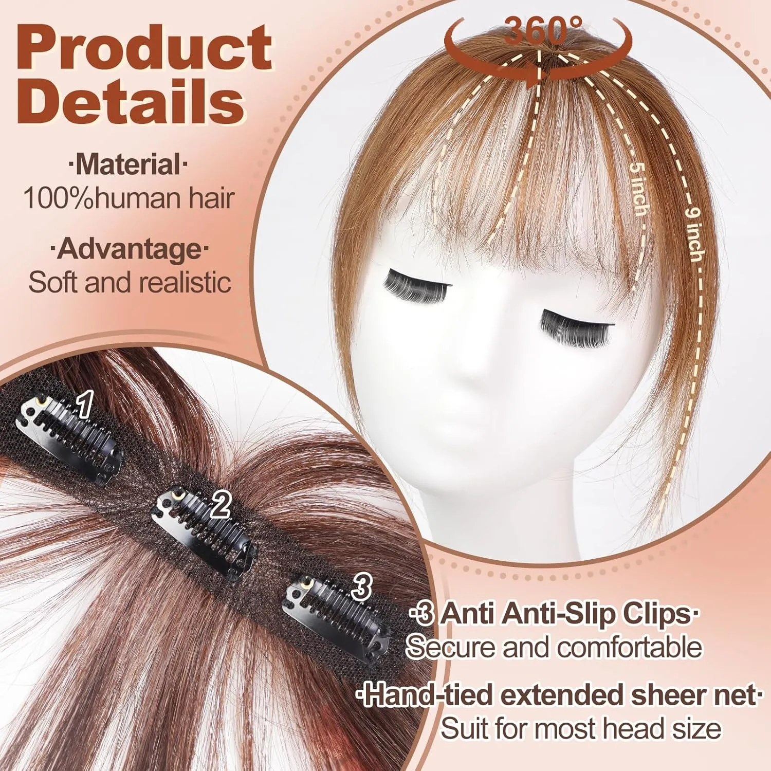 HAIRCUBE Bangs Hair Clip in Bangs 100% Real Human Hair Bangs Clip in Hair Extensions Fake Bangs 360° Clip on Bangs Air Bangs Hairpieces for woman with Temples 3 Secure Clips in Full Fringe Brown